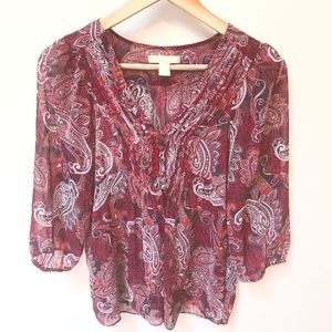 Banana Republic Paisley Print V-Neck Blouse with Slight Puff 3/4 Sleeves Size XS